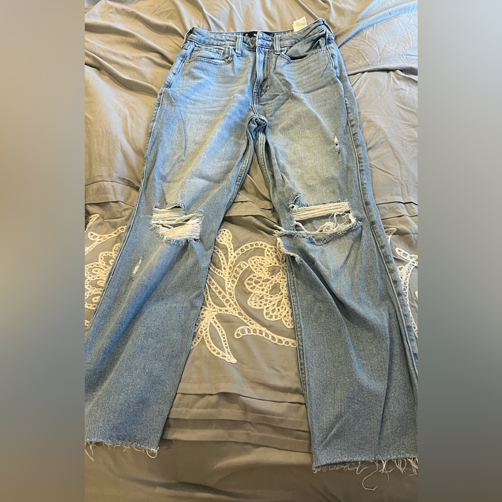 Hollister Light Blue Distressed Ultra High Rise Vintage Straight Jeans